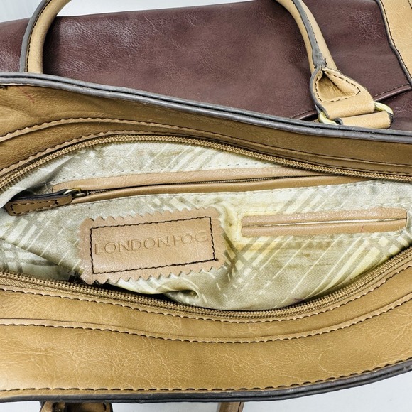 London Fog Two tone Faux Leather Satchel Brown Beige‎ Shoulder Bag - Picture 9 of 16